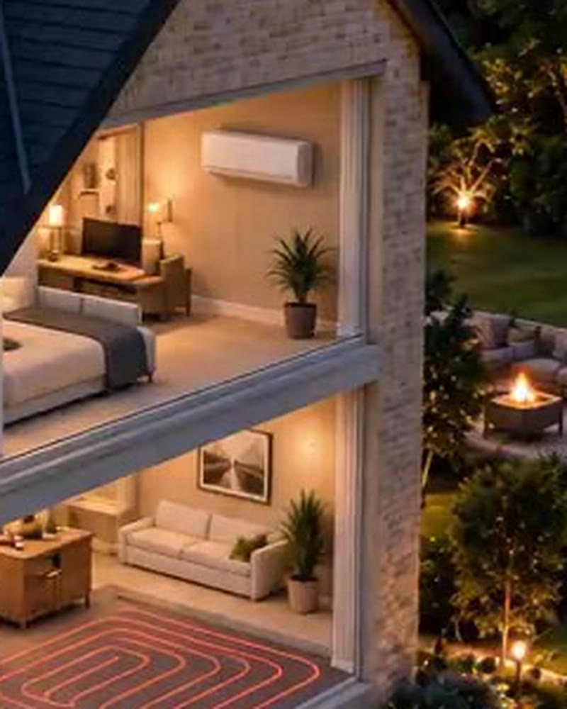 Slim wall-mounted air conditioning unit in a warmly lit bedroom, seen through the cutaway house